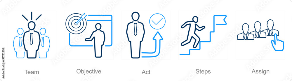 A set of 5 Action plan icons as team, objective, act A set of 5 Action plan icons as team, objective, act