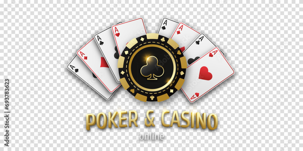 Fototapeta premium Concept poker or casino. Vector poster for championship. Realistic playing chip with the suit of clubs and playing ace cards of all suits. Gambling tokens. Banner for web app or site.