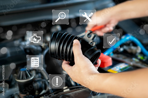 Car service technology concept, Service warranty icons of Technician replacing air intake pipe part, Maintenance procedures modern online system, Product quality assurance for customer satisfaction