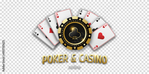 Concept poker or casino. Vector poster for championship. Realistic playing chip with the suit of clubs and playing ace cards of all suits. Gambling tokens. Banner for web app or site.