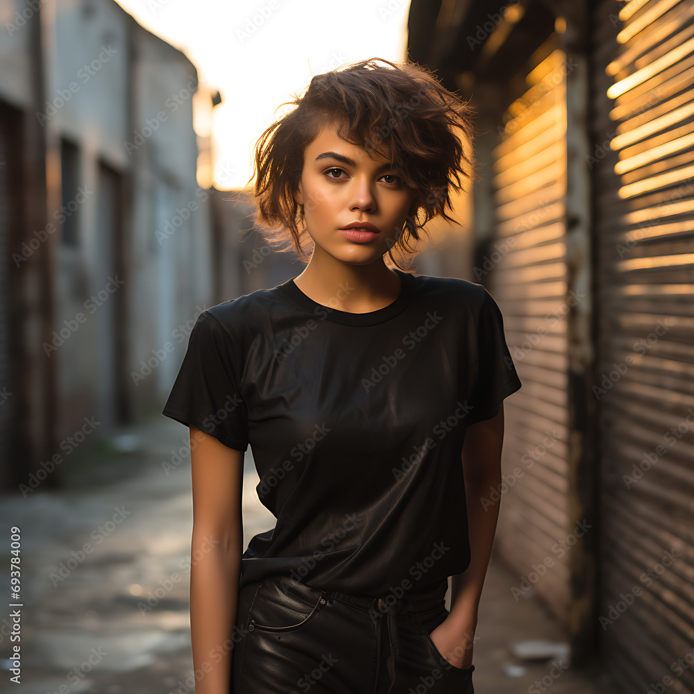 Urban Chic Photoshoot. A model in a black t-shirt pose Urban Chic Photoshoot. A model in a black t-shirt pose