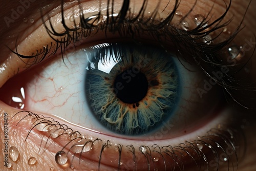 Imagen macro intensamente detallada de un ojo humano azul con gotas de agua en las pestañas photo