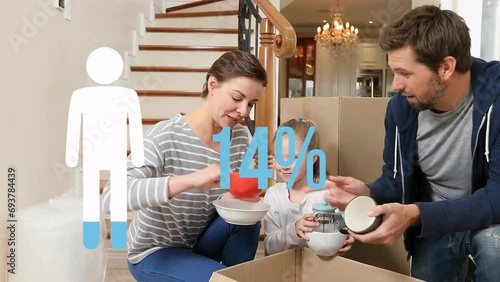 Animation of blue lman figure and percent over caucasian couple with boxes moving in to new home photo