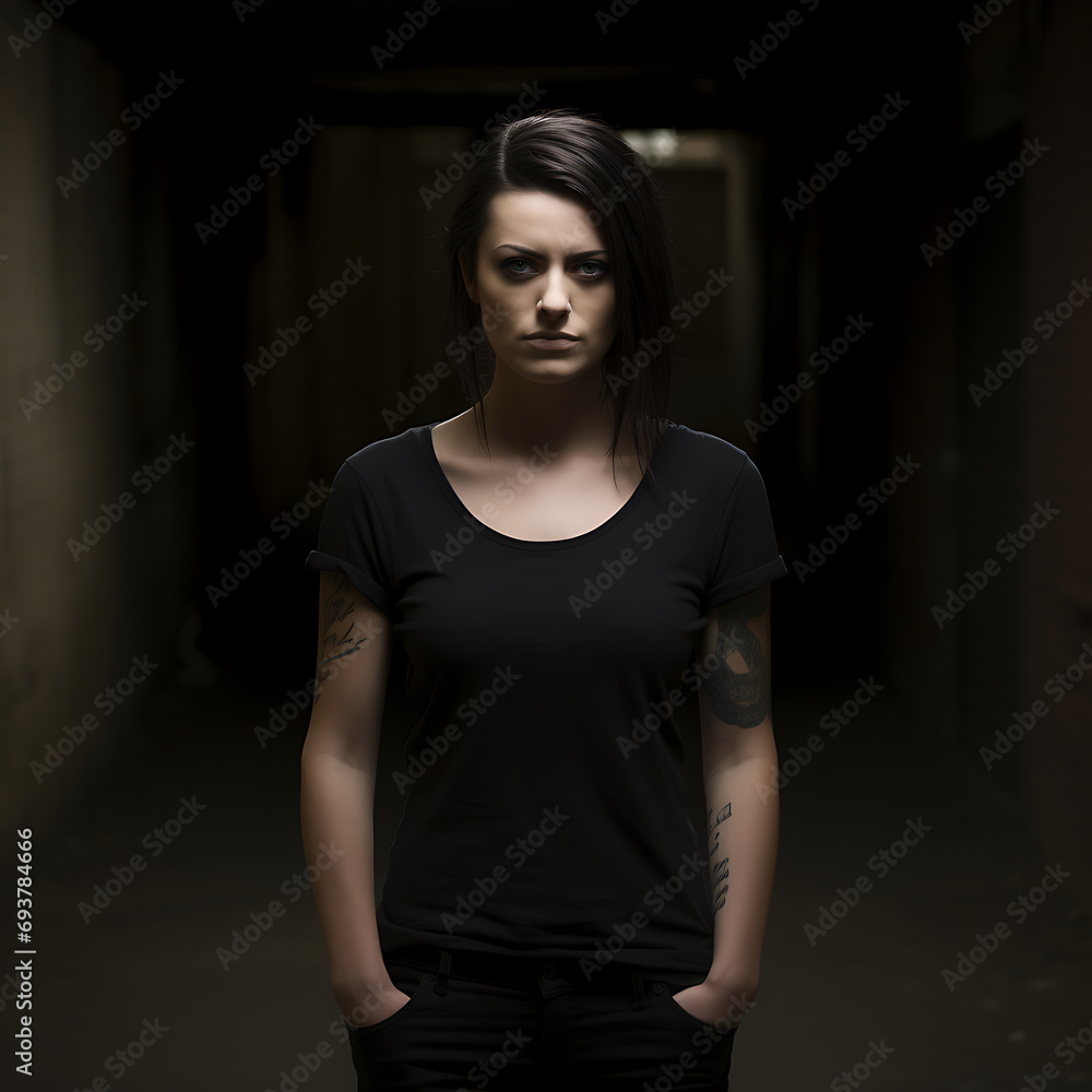Urban Rebel Fashion. A confident woman in a plain black t-shirt embodies '90s alternative rock spirit in a vibrant cityscape Urban Rebel Fashion. A confident woman in a plain black t-shirt embodies '90s alternative rock spirit in a vibrant cityscape