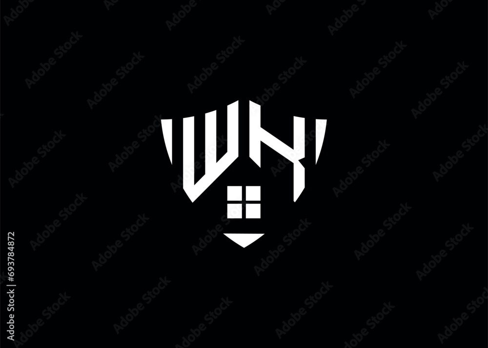 Real estate letter WK shield shape logo and house building vector template. Real estate letter WK shield shape logo and house building vector template.