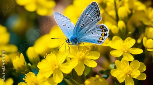  vibrant blue butterfly (lycaenidae) close-up on yellow wildflower in natural setting photo