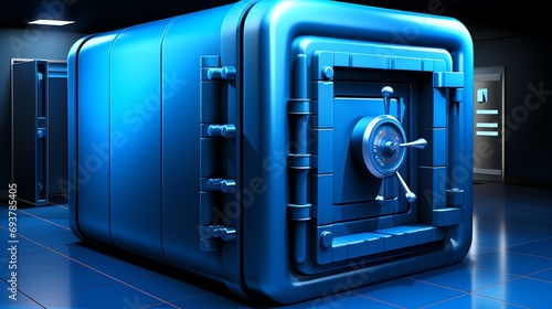 a blue metal safe with a combination lock