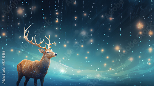 Kids Christmas banner with magical scene of reindeer © Hassan