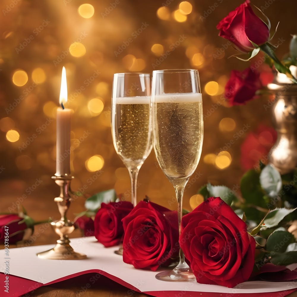Valentine's day card, two glasses of champagne on a gold background red roses and a red heart, a lighted candle. Valentine's day card, two glasses of champagne on a gold background red roses and a red heart, a lighted candle.