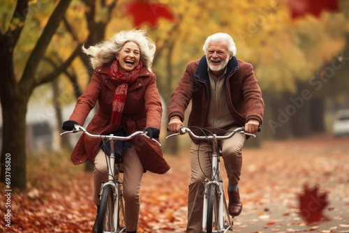 two senior riding bycicle on an autumn park