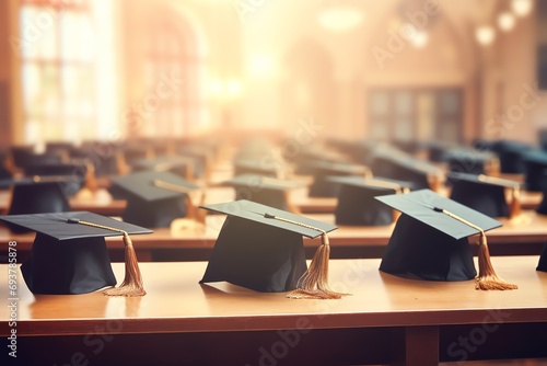a group of graduation caps on a table photo