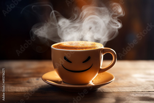 Close up photo of a steaming cup of hot coffee, smiling mug