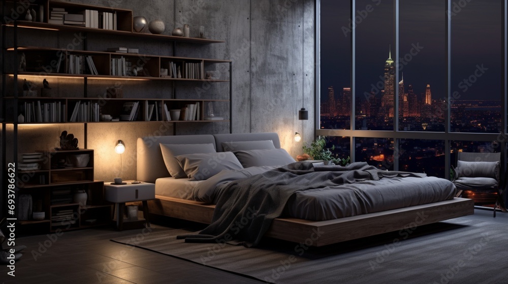 Modern bedroom interior with bed night tables lamps and many details ...