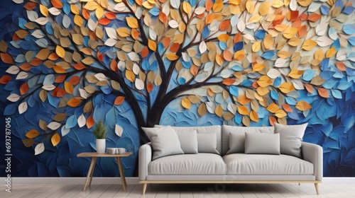Fototapeta Naklejka Na Ścianę i Meble -  batterflieswallpaper(vibrant multicolored tree with hanging leaves - 3d abstract wallpaper for interior mural and wall art decor