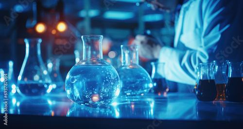 group of scientists working in lab on blue flasks