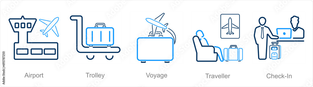 A set of 5 Airport icons as airport, trolley, voyage