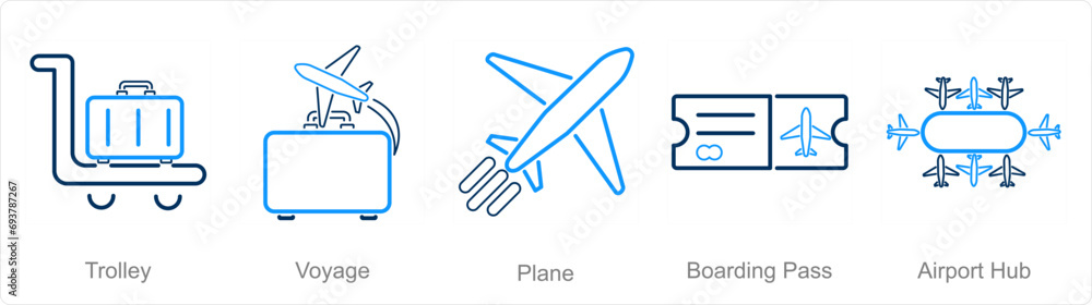 A set of 5 Airport icons as trolley, voyage, plane