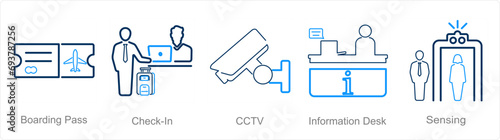 A set of 5 Airport icons as boarding pass, check in, cctv