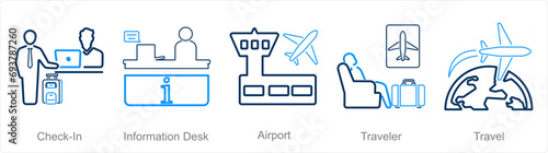 A set of 5 Airport icons as check in, information desk, airport