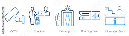A set of 5 Airport icons as cctv, check in, sensing