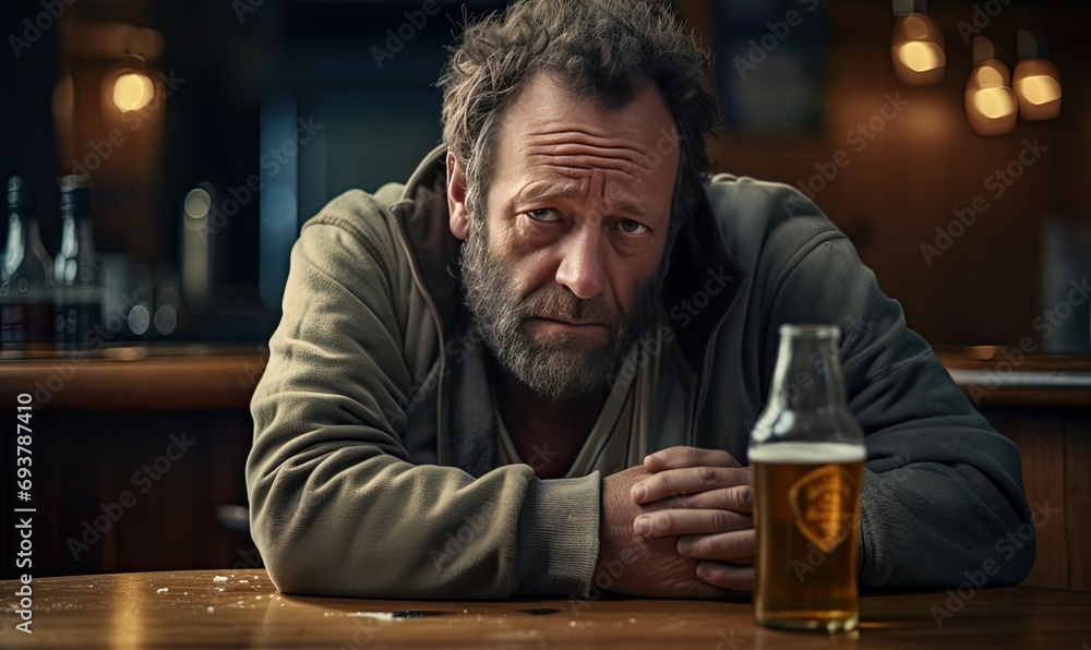 A man sitting at a table with a glass of beer