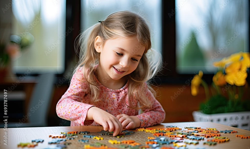 A little girl playing with a puzzle on a table - obrazy, fototapety, plakaty 