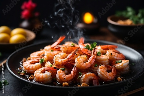 high quality photography of delicious homemade shrimp soaked in black plate on table on dark background. 