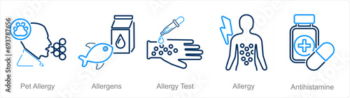 A set of 5 Allergy icons as pet allergy, allergens, allergy test