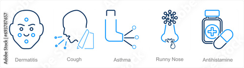 A set of 5 Allergy icons as dermatitis, cough, asthma