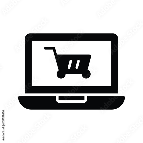 Shopping basket inside laptop showing concept icon of online shopping, vector of shopping website