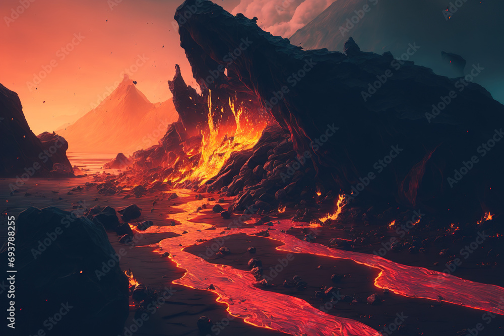  lava flowing over rocks and flame