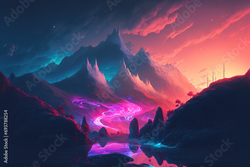 a lake and mountains with waterfalls and pink glow