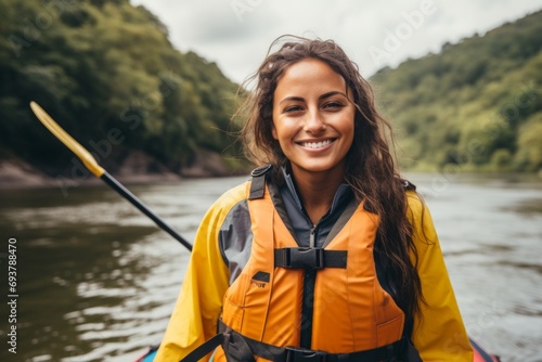 Happy young woman paddling a kayak along a mountain river.