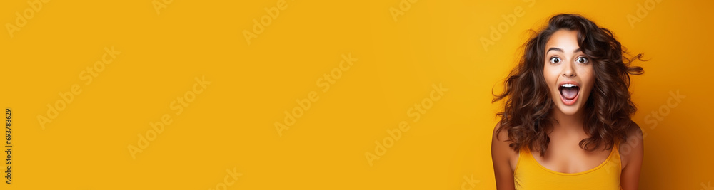 Shocked with open mouth student girl young woman with long curly hair in t-shirt isolated yellow background studio portrait. Positive people anouncement concept. Empty space place for text copy paste