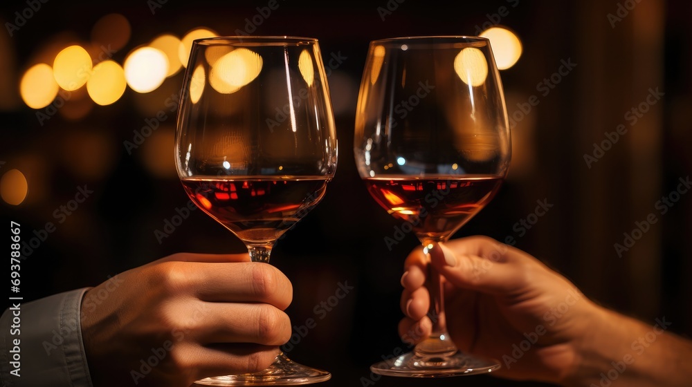 A man and a woman holding wine glasses, focus on glasses closeup, a stock photo 
