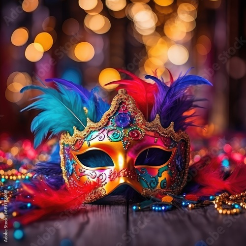 A colorful mask adorned with feathers and sequins hangs on the wall, ready to be worn for a festive celebration, Wide Angle Lenses, surrounding blur, stippling, FHD, hyper quality 