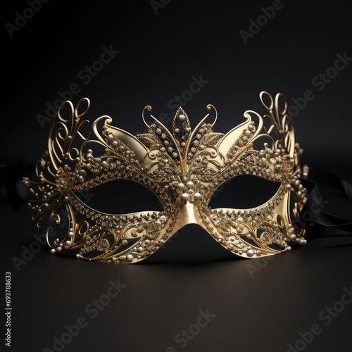 A golden and elegant masquerade minimal mask with a black background, golden details, maximun texture, maximun material, golden party beads, verticle image, highly detailed,