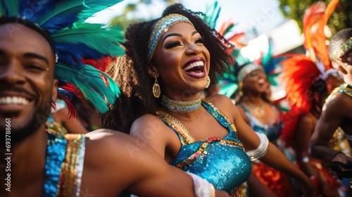 A group of beautiful young women and muscular men dancing and enjoying carnival in Rio de Janeiro