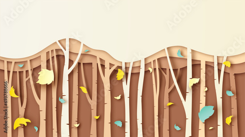 Paper layer cut of Autumn nature forest with the blowing leaves. Autumn forest. paper cut and craft style. vector, illustration.