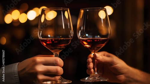 A man and a woman holding wine glasses  focus on glasses closeup  a stock photo 