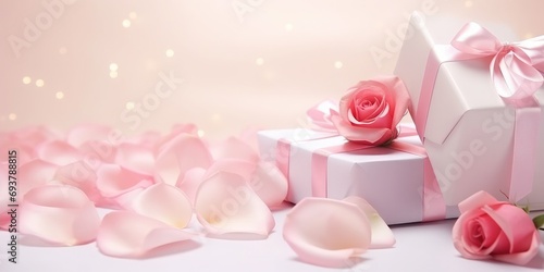 A poster, layout, pink roses on the desktop, with a small pink gift box next to it, a clean background, rose petals in the air, close-up shots,