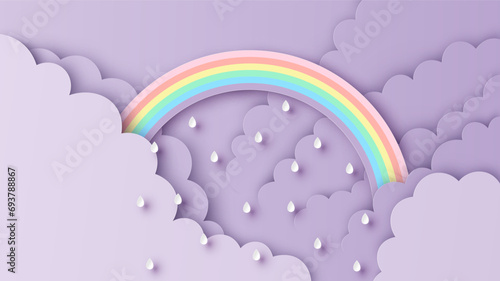 Illustration of design a rainbow on sky in paper craft style. Beautiful clouds and rainbow in rainy season. paper cut and craft design. vector, illustration.