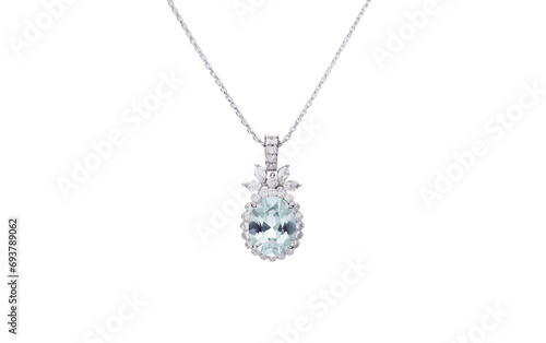 Isolated Aquamarine Beauty on Silver Chain Isolated on Transparent Background PNG.