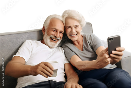 Attractive happy older spouses spend weekend time on couch in living room take selfies on smartphone together. Generative AI. photo