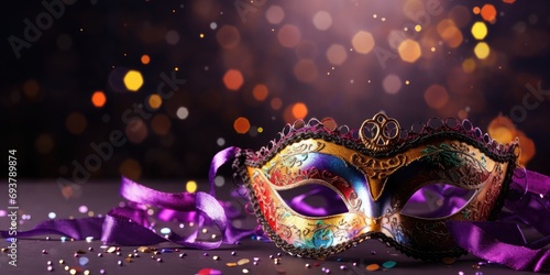 Carnival party. Venetian mask on bokeh background, banner.