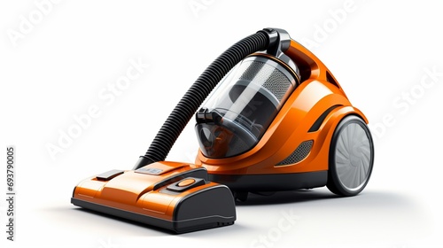an orange vacuum cleaner, highlighting its innovative features and user-friendly design, perfectly isolated against a clean white background.