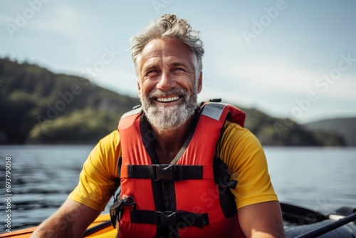 Portrait of cheerful senior man in life jacket sitting in kayak and smiling at camera © igolaizola