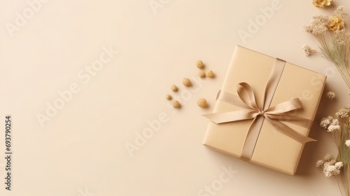 Craft gift boxes with flower on light beige background. Copy space minimalism style template background