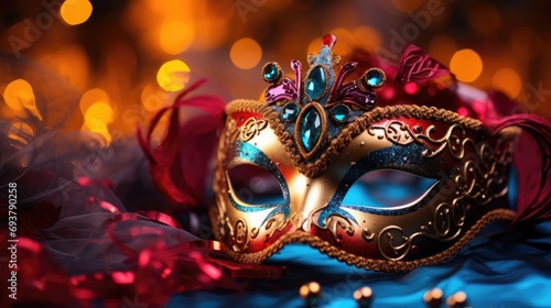 Macro view of a vibrant masquerade mask placed on an illuminated tabletop,