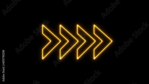 Neon glowing right arrows. 4K silhouette arrows in isolated on black background. Direction banner. arrow pointer silhouette. neon right abstract directional icon. photo